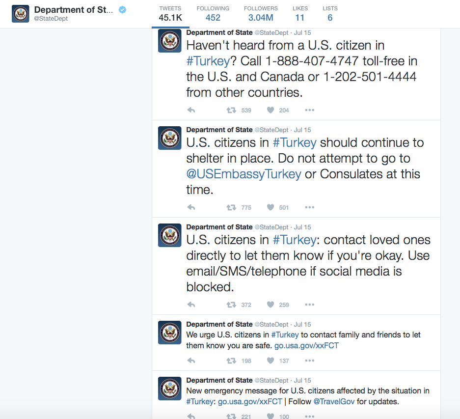 Real time State Department tweets of attacks going on in Turkey as we were talking with Chase and partners about Trip Cancellation and Trip Interruption coverage.