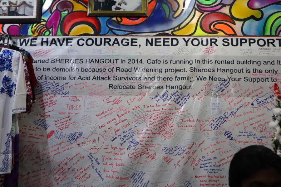 Banner of encouragement hanging inside cafe