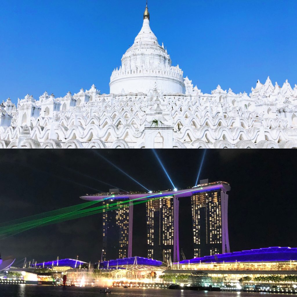 Comparison of Hsinbyume Pagoda in Myanmar to Marina Bay Sands in Singapore. Top things to do with teens.
